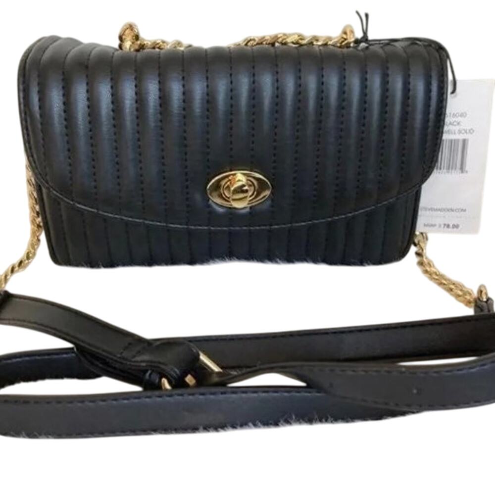 Brand New Super Cute Steve Madden Black Vegan Crossbody Purse Handbag Gold Tone